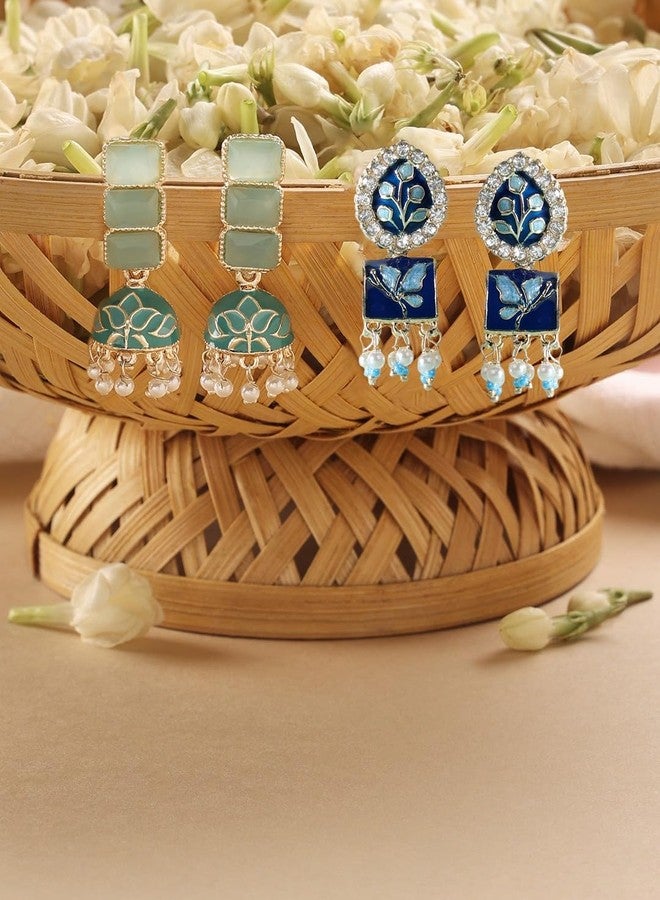Zaveri Pearls زافيري بيرلز مجموعة من حلقتين من أقراط ميناكاري جومكي باللونين الأزرق والأخضر النعناعي للنساء-ZPFK18339 - Image 2