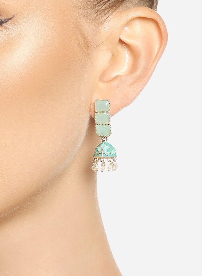 Zaveri Pearls زافيري بيرلز مجموعة من حلقتين من أقراط ميناكاري جومكي باللونين الأزرق والأخضر النعناعي للنساء-ZPFK18339 - Image 4