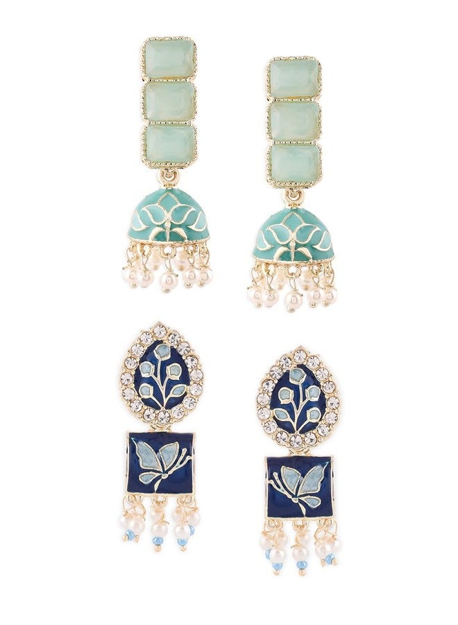 Zaveri Pearls زافيري بيرلز مجموعة من حلقتين من أقراط ميناكاري جومكي باللونين الأزرق والأخضر النعناعي للنساء-ZPFK18339 - Image 1