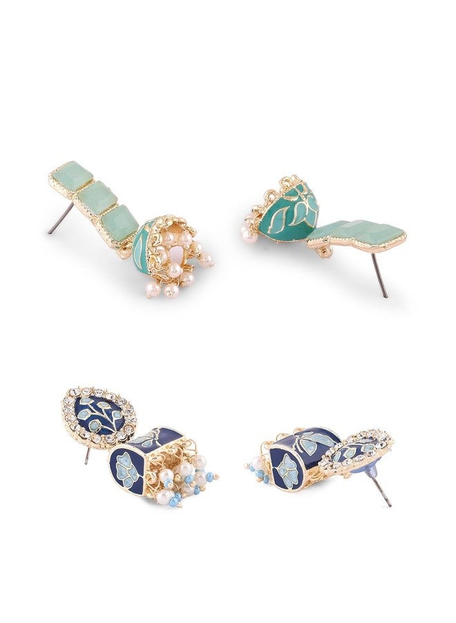 Zaveri Pearls زافيري بيرلز مجموعة من حلقتين من أقراط ميناكاري جومكي باللونين الأزرق والأخضر النعناعي للنساء-ZPFK18339 - Image 5