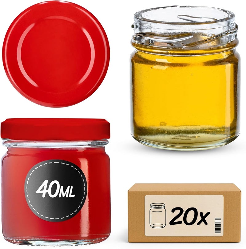 KADAX Preserving jars, 40 ml, mini preserving jars, spice jars with screw lids, jars, sample jars, jam jars, mini honey jars, round jars (20 pieces, red lids) - Image 1