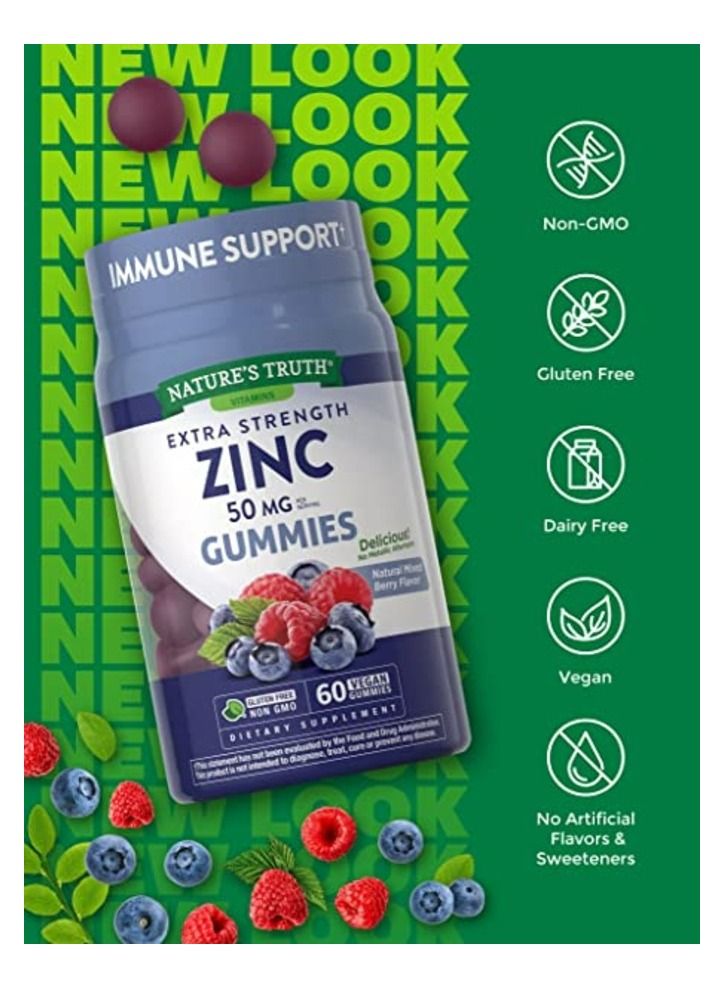 Nature's Truth zinc gummies 50mg 60 count Vegan, NonGMO gluten free supplement mixed berry flavor - Image 4