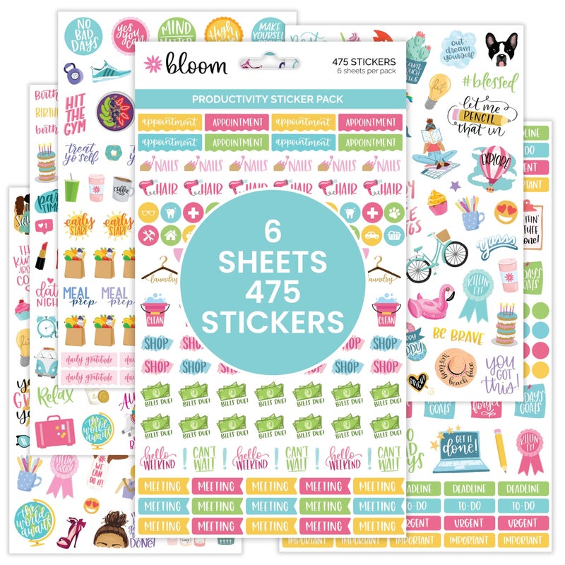 bloom daily planners Productivity Stickers - Variety Sticker Pack - Six Sticker Sheets Per Pack! - Image 1