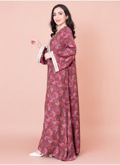 اكسا جلابية مطرزة منقوشة زهور IK1028 برقندي  - Image 3