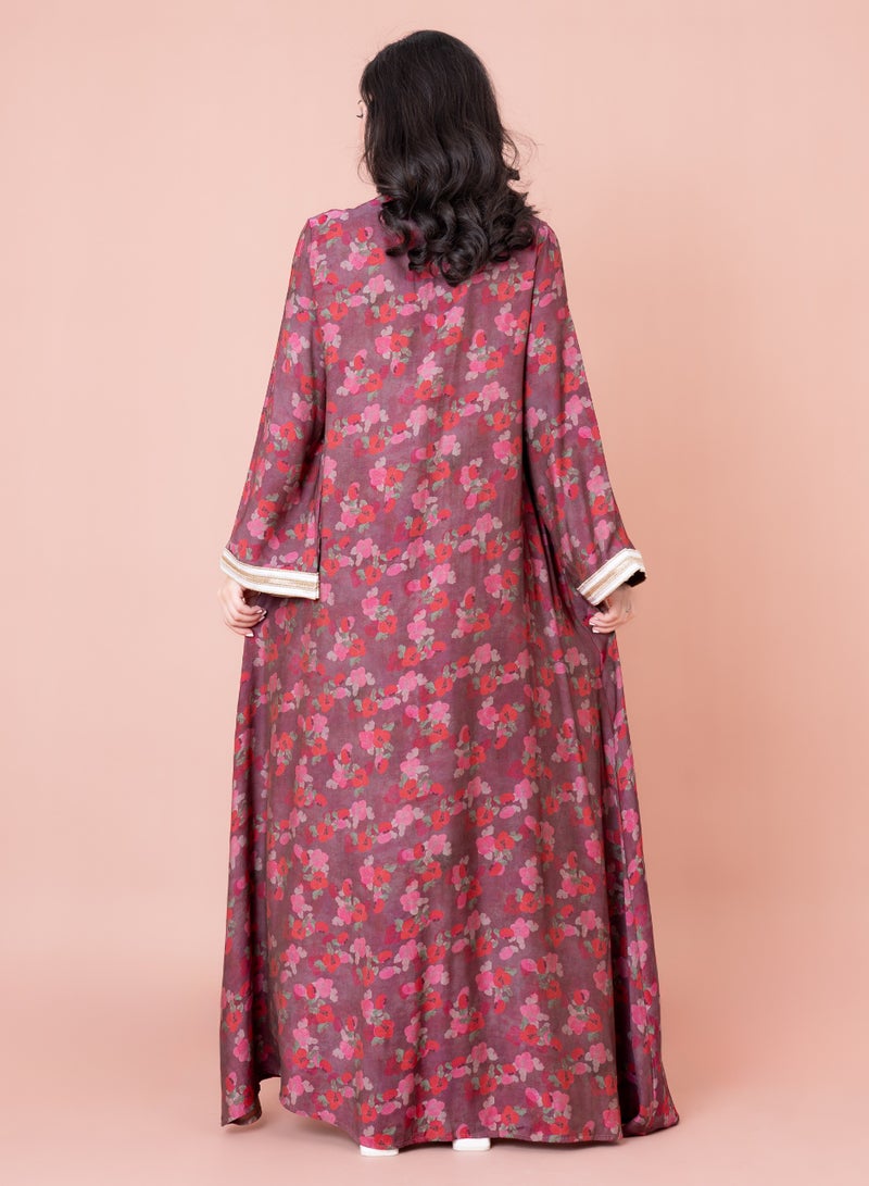 اكسا جلابية مطرزة بطبعة زهور لون عنابي - Image 4