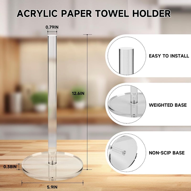 WORHE Acrylic Paper Towel Holder Countertop, Transparent Roll Paper Towel Holder 15CM Dia. Thick Base for Kitchen,Bathroom, Living Room, Paper Towel Dispenser for Tear Tissue Roll 1 Pack (AE010) - Image 3