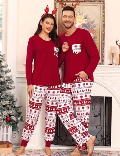 YOZLY Couples Matching Pajamas Sets Family Christmas Plaid Pajamas for Men Women Festival Party Pjs Set Wine Red Tree Medium Men - Image 3