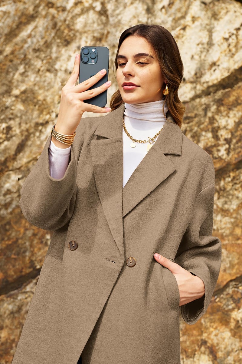 ELLEVEN Long Winter Coats for Women Wool Peacoat Long Sleeve Trench Coat Double Breasted Warm Fall Jackets Casual Outfits Khaki Medium - Image 4
