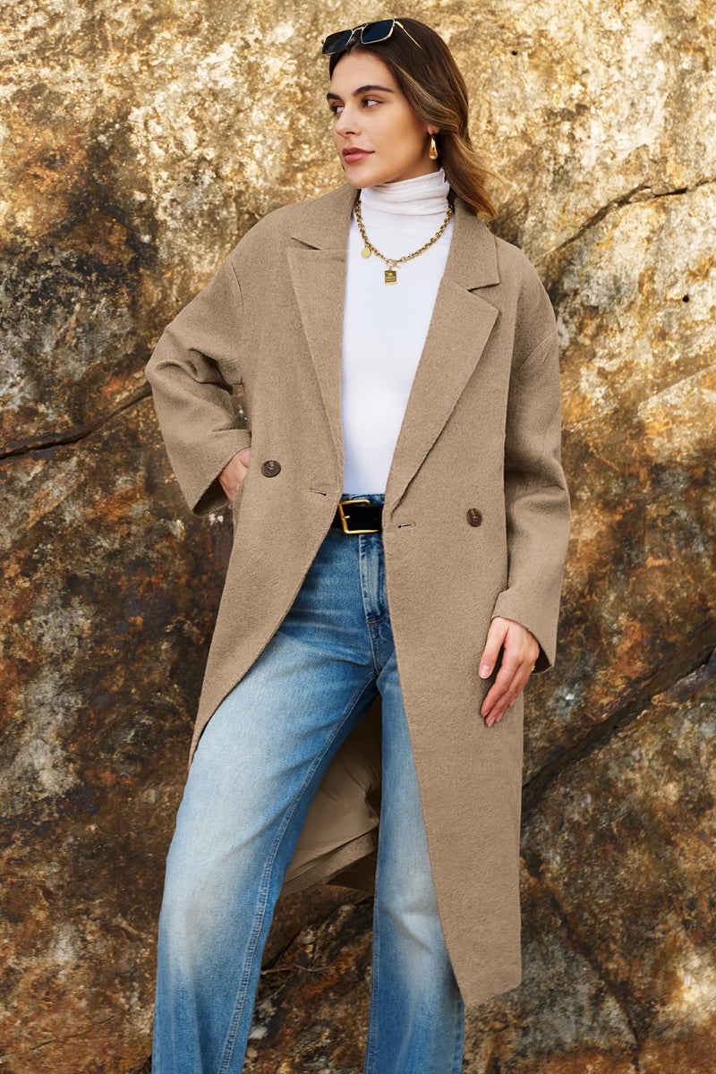 ELLEVEN Long Winter Coats for Women Wool Peacoat Long Sleeve Trench Coat Double Breasted Warm Fall Jackets Casual Outfits Khaki Medium - Image 5
