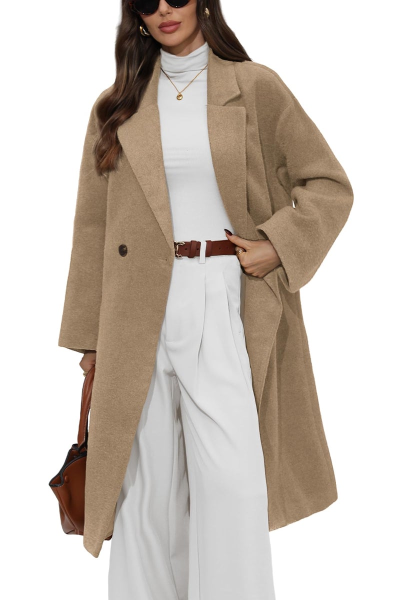 ELLEVEN Long Winter Coats for Women Wool Peacoat Long Sleeve Trench Coat Double Breasted Warm Fall Jackets Casual Outfits Khaki Medium - Image 1