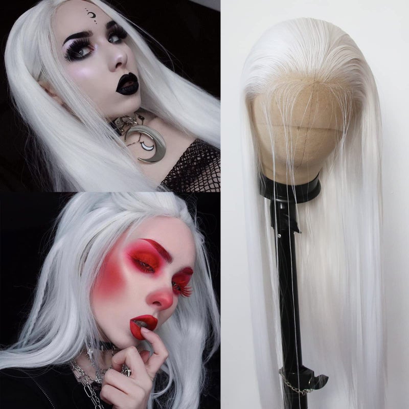 BTWTRY White Synthetic Lace Front Wig - Long Straight Platinum Snow White Lace Front Synthetic Wig - Pre Plucked Natural Hairline - Glueless Heat Resistant Fiber Hair Wig for Fashion Women - Image 1