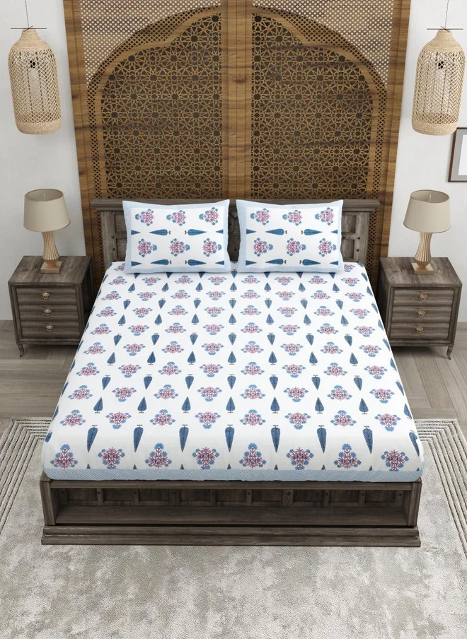 CLOTHOLOGY CLOTHOLOGY Blue & Pink Floral Printed 180TC Pure Cotton King Bedsheet Set