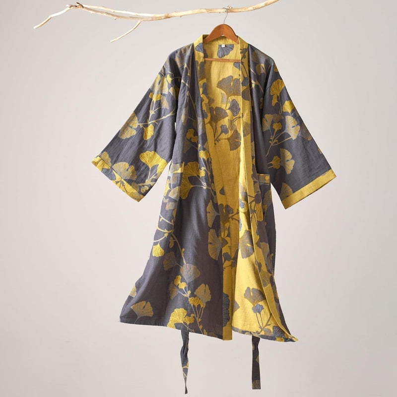Kimono Robe Purefair 100% Cotton Gauze Ginkgo Leaf Print - Image 2