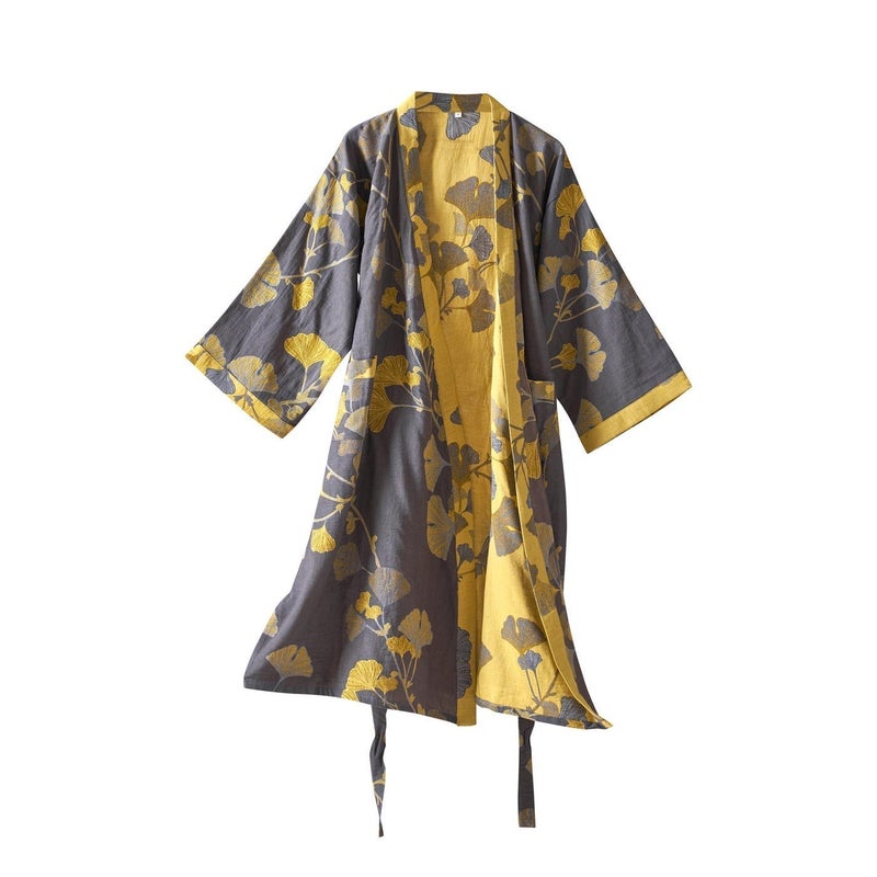 Kimono Robe Purefair 100% Cotton Gauze Ginkgo Leaf Print - Image 1