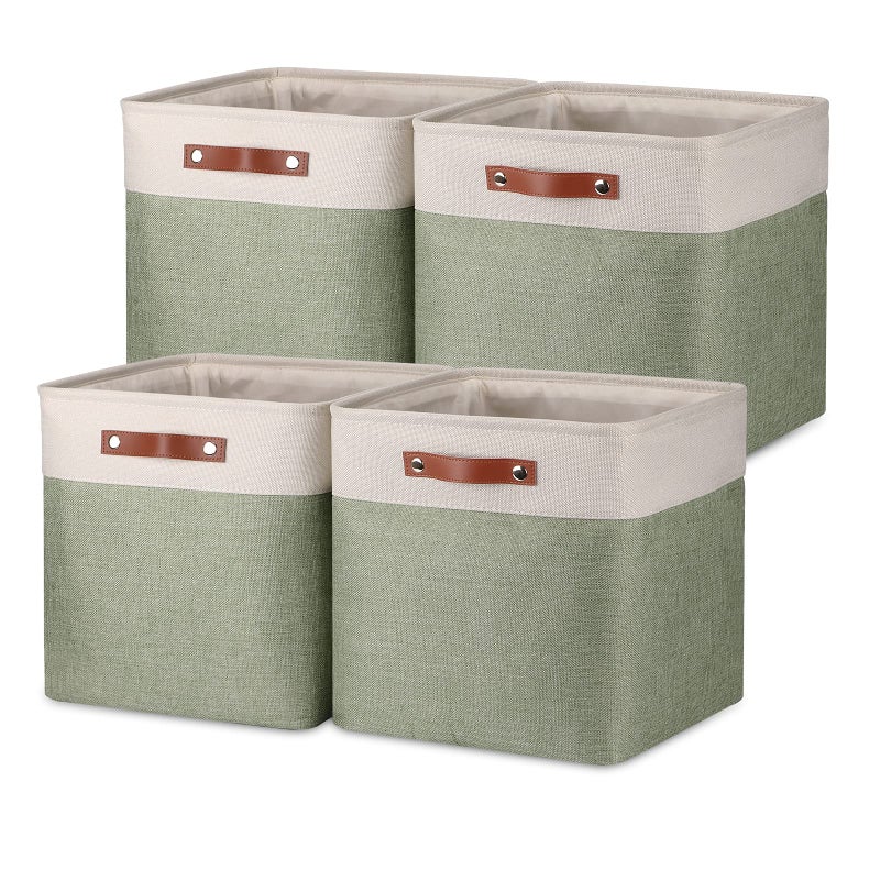 Temary Cube Storage Baskets for Shelves 4pack Fabric Storage Basket for Organizing Clothes 13 Inch Storage Cubes with Leather Handles Closet Baskets WhiteGreen