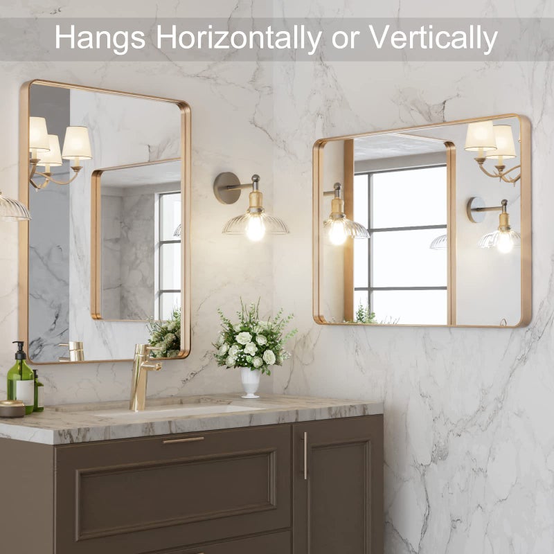 LOAAO 22â€X30â€ Gold Bathroom Mirror, Rounded Rectangle Gold Frame Mirror, Brushed Gold Bathroom Vanity Mirror Wall-Mounted, Anti-Rust, Hangs Horizontally or Vertically - Image 4