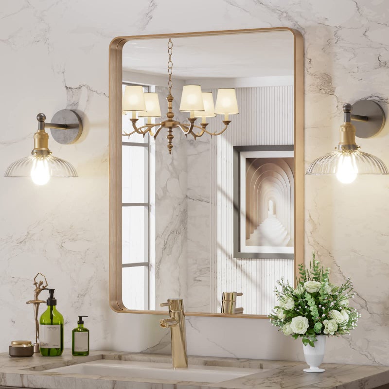 LOAAO 22â€X30â€ Gold Bathroom Mirror, Rounded Rectangle Gold Frame Mirror, Brushed Gold Bathroom Vanity Mirror Wall-Mounted, Anti-Rust, Hangs Horizontally or Vertically - Image 1