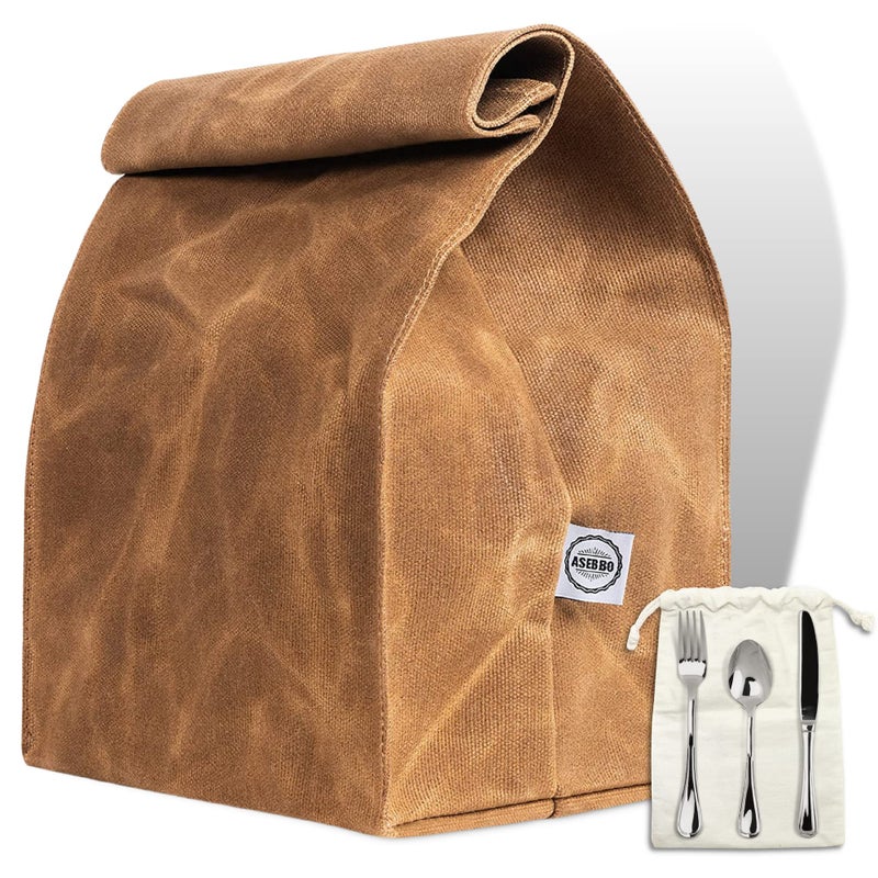 ASEBBO Waxed Canvas Lunch Bag â€“ Reusable Insulated Paper Bag-Style Lunchbox for Adults â€“ Leakproof & Durable Sack Lunch Box for Work, Picnic & Travel â€“ Stylish Brown Bag Cooler with Shoulder Strap - Image 1