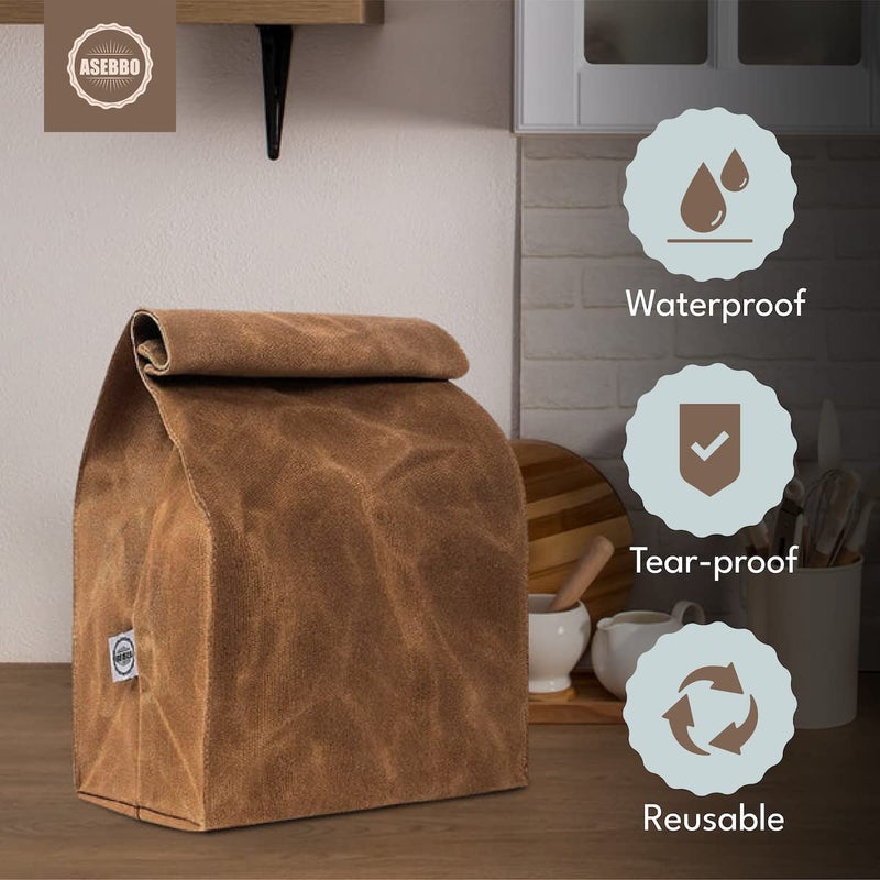 ASEBBO Waxed Canvas Lunch Bag â€“ Reusable Insulated Paper Bag-Style Lunchbox for Adults â€“ Leakproof & Durable Sack Lunch Box for Work, Picnic & Travel â€“ Stylish Brown Bag Cooler with Shoulder Strap - Image 4