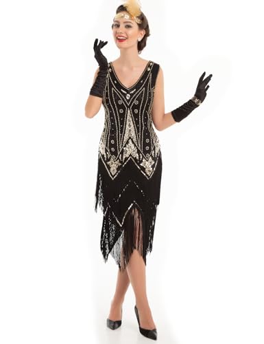PrettyGuide Women's 1920s Style Dress Sequined Pearl Great Gatsby Dress V Neck Fringe Dress Party M Black Gold - Image 4