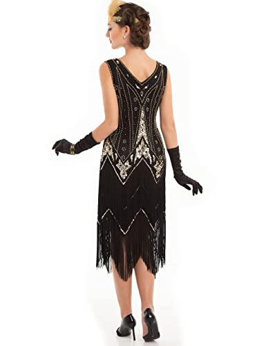 PrettyGuide Women's 1920s Style Dress Sequined Pearl Great Gatsby Dress V Neck Fringe Dress Party M Black Gold - Image 3