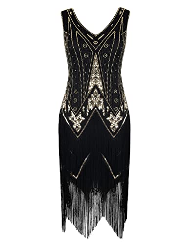 PrettyGuide Women's 1920s Style Dress Sequined Pearl Great Gatsby Dress V Neck Fringe Dress Party M Black Gold - Image 1
