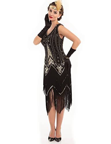 PrettyGuide Women's 1920s Style Dress Sequined Pearl Great Gatsby Dress V Neck Fringe Dress Party M Black Gold - Image 2