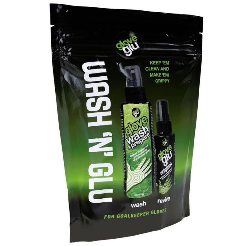 gloveglu Wash 'N' Glu Goalkeeper Glove Spray Bundle. Contains gloveglu 120ml Premium Goalkeeper Glove Wash & Prepare Wash + gloveglu 50ml Original Goalkeeper Grip Spray - Image 1