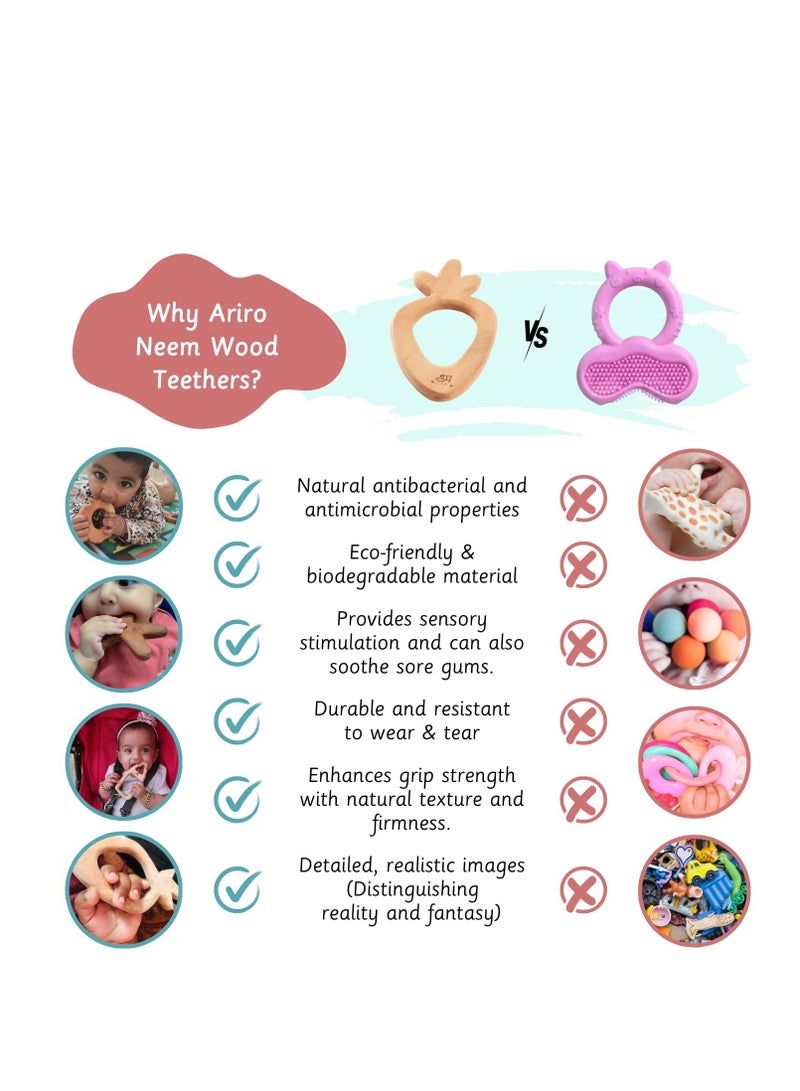 Ariro Neem Wood Teethers for Babies 3M+, Enhances Motor Skills, Antibacterial & Anti-fungal, Grape & Carrot Shapes - Image 4