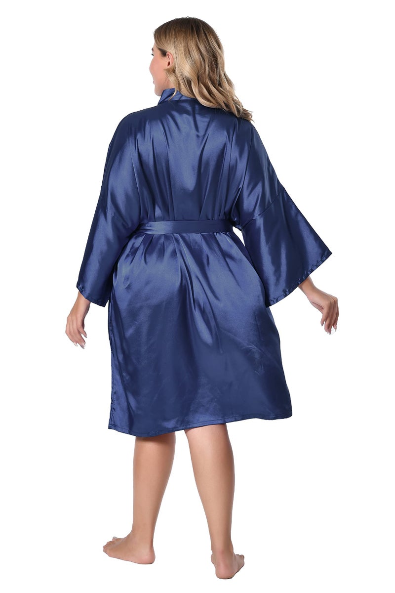 EPLAZA Women Silky Satin Robe Wedding Bridal Party Bride Bridesmaid Robes Kimono Loungewear Dressing Gowns (Navy, Tag LXL) - Image 5