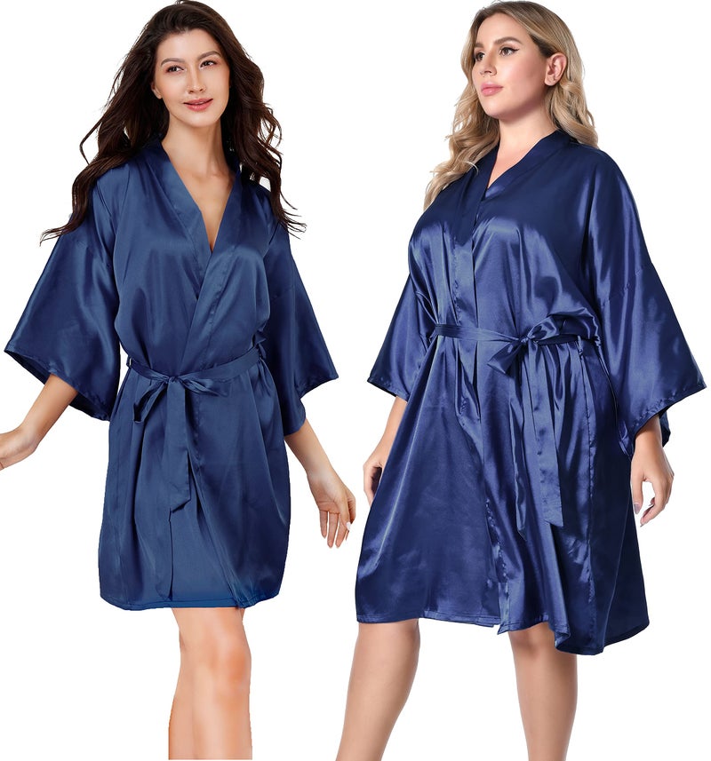 EPLAZA Women Silky Satin Robe Wedding Bridal Party Bride Bridesmaid Robes Kimono Loungewear Dressing Gowns (Navy, Tag LXL) - Image 1