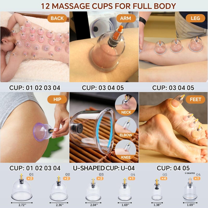 AIKOTOO Cupping Therapy Set w/ 12 Massage Cups for Back Pain Relief Physical Therapy with Hand Pump - Image 3