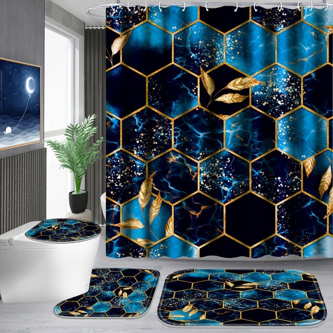 4 PCS BATHROOM SHOWER CURTAIN SETBATHROOM SETS WITH RUGSBATH MATU SHAPE AND TOILET LID COVER MAT AND 12 HOOKSSKY BLUE HONEYCOMB MARBLE