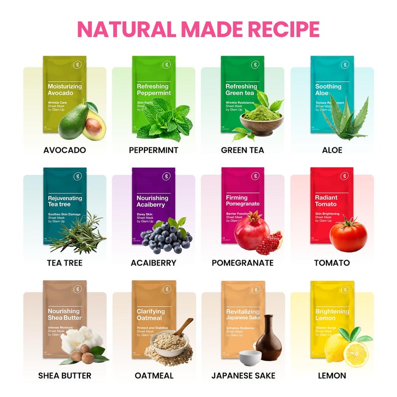 Glam Up قناع الوجه الفاخر من GLAM UP، مجموعة من 12 قناعًا (عبوة من 12 قطعة) | أقنعة تنظيف الوجه للعناية بالبشرة، أقنعة ترطيب الوجه، أقنعة مرطبة، مهدئة، قناع تجميل لجميع أنواع البشرة، مجموعة أقنعة تجميل متنوعة - Image 5
