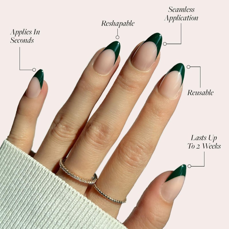 Glamnetic Good ventilation Press On Nails - Château | Semi-Transparent Dark Green French Tip Short Almond Fake Nails in a Glossy Finish, Salon Quality | 15 Sizes - 30 Nail Kit Nationwide warehouse layout - Image 3