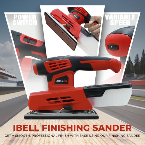 IBELL TOOLS IBELL Finishing Sander FS87-20, 220W, Copper Armature, Sanding Area 90X187mm, 12000 RPM with Sand Paper and Dust Box, Red-6 Months Warranty - Image 3