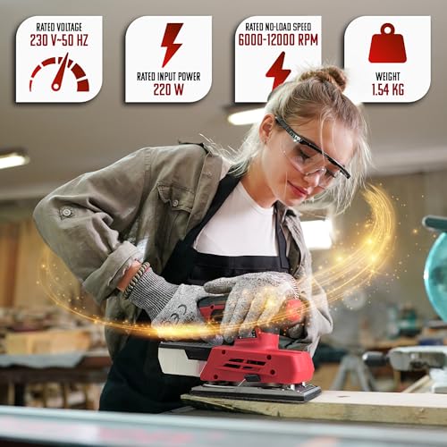 IBELL TOOLS IBELL Finishing Sander FS87-20, 220W, Copper Armature, Sanding Area 90X187mm, 12000 RPM with Sand Paper and Dust Box, Red-6 Months Warranty - Image 2