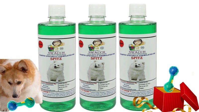 swacch Spitz Dog Shampoo + Dumbbell Toy I Durable Rubber Dog Toy for Chewing I Playing,Teeth Cleaning & Training Toy I Combo Pack I 500ml Pack of 3 Neem Alovera - Image 1