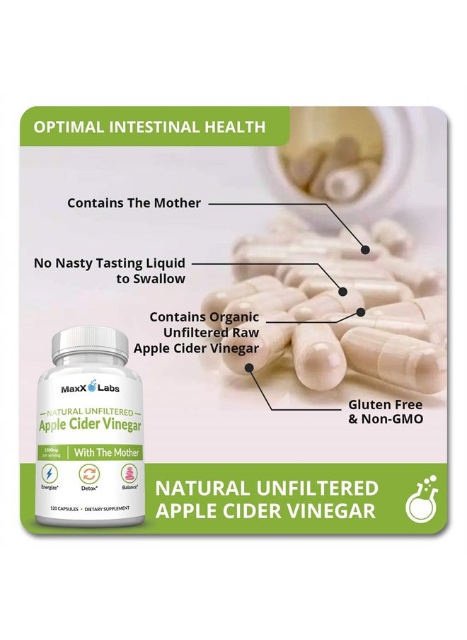 MaxX Labs - Raw Apple Cider Vinegar Capsules with Mother, 1500mg ACV Pills, Helps Improve Energy, Support Efforts to Improve Immunity, Digestion & Weight Management for Women, (120 Ct) - Image 1