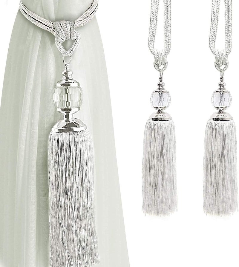 KOLAKO Curtain Tiebacks Crystal Curtain Holdbacks Hooks Handmade Curtain Tieback Rope Tassel Bead Ball Curtain Tie Backs Holder Home Decoration 2 Pack Beige White - Image 1