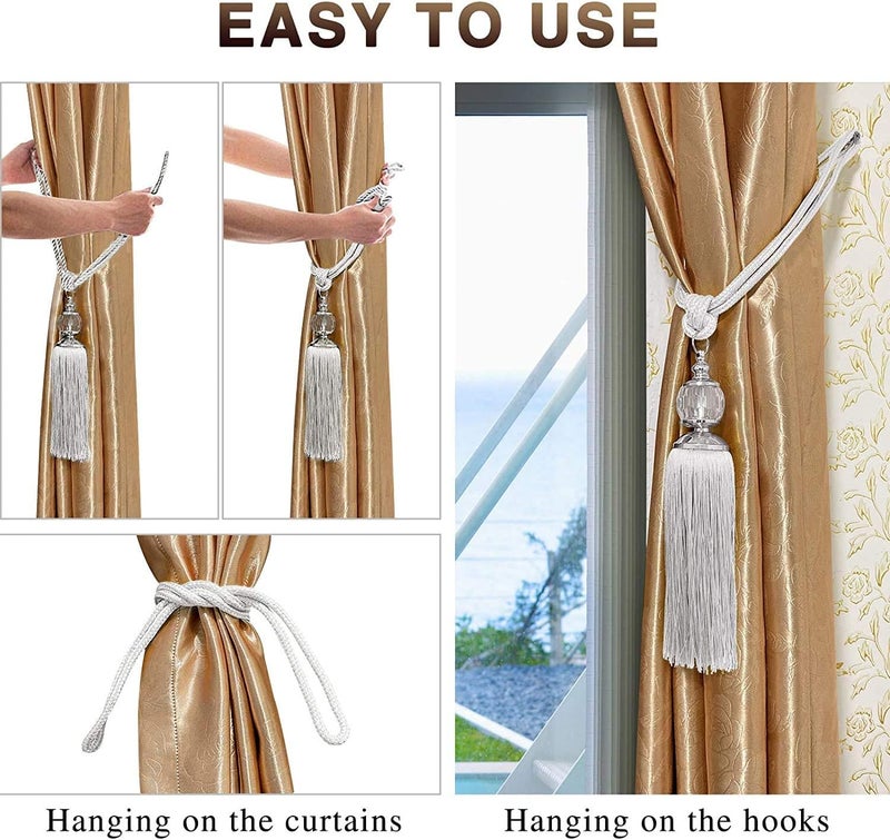 KOLAKO Curtain Tiebacks Crystal Curtain Holdbacks Hooks Handmade Curtain Tieback Rope Tassel Bead Ball Curtain Tie Backs Holder Home Decoration 2 Pack Beige White - Image 3