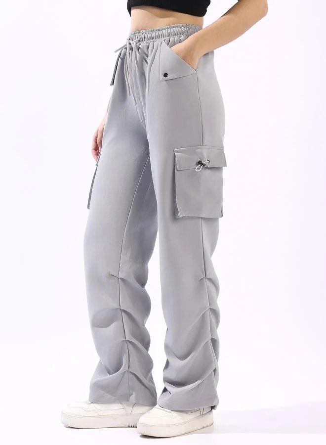 HIGH STAR  Women's Light Grey Polyester Blend Solid Full Cargo Wide Leg Trouser for Women | Best Price UAE