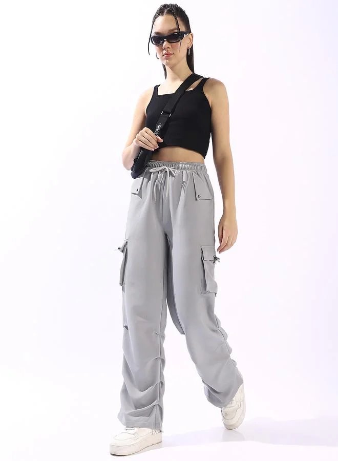 HIGH STAR  Women's Light Grey Polyester Blend Solid Full Cargo Wide Leg Trouser for Women | Best Price UAE