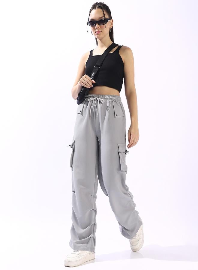 HIGH STAR Women's Light Grey Polyester Blend Solid Full Cargo Wide Leg Trouser - Image 5