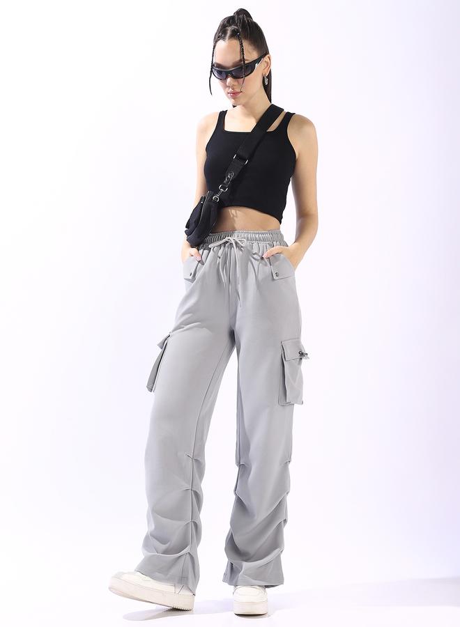 HIGH STAR Women's Light Grey Polyester Blend Solid Full Cargo Wide Leg Trouser - Image 1