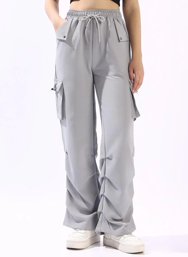 HIGH STAR  Women's Light Grey Polyester Blend Solid Full Cargo Wide Leg Trouser for Women | Best Price UAE