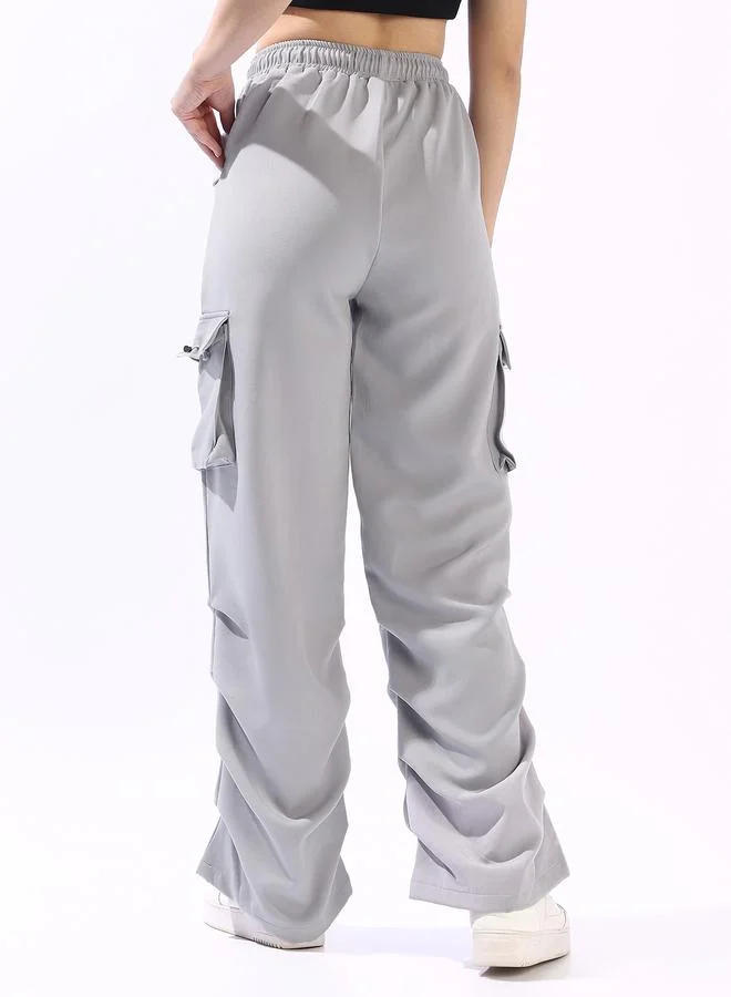 HIGH STAR  Women's Light Grey Polyester Blend Solid Full Cargo Wide Leg Trouser for Women | Best Price UAE