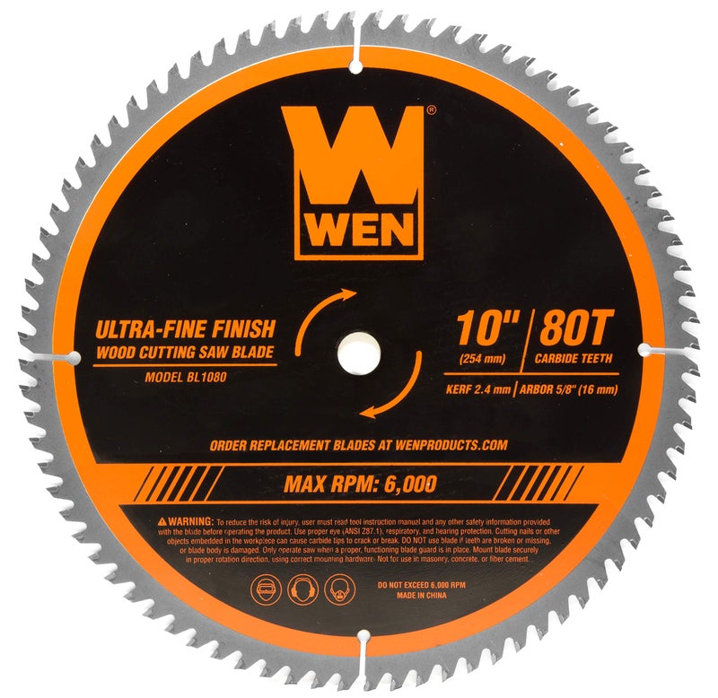 WEN BL1080 10-Inch 80-Tooth Carbide-Tipped Ultra-Fine Finish Professional Woodworking Saw Blade for Miter Saws and Table Saws - Image 1
