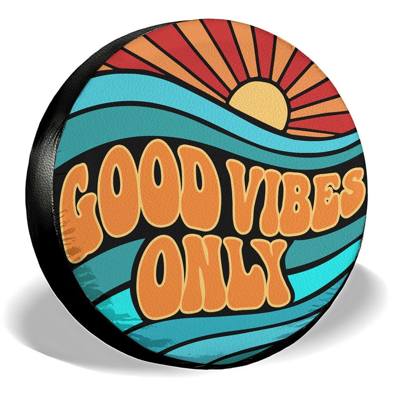 GENANY Colorful Good Vibes Only Size 17 Premium PVC Leather Spare Tire Cover Universal Fit for RV Jeep Camper Trailer Dustproof Waterproof Jeep Tire Cover with No Camera Hole Halloween Car Decor