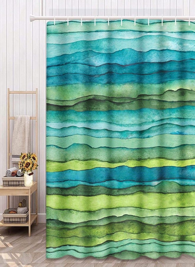 Emvency Shower Curtain Abstract Bright Blue and Green Waves Stripped Watercolor Brush Drawn Waterproof Polyester Fabric 72 x 72 inches Set with Hooks - Image 1